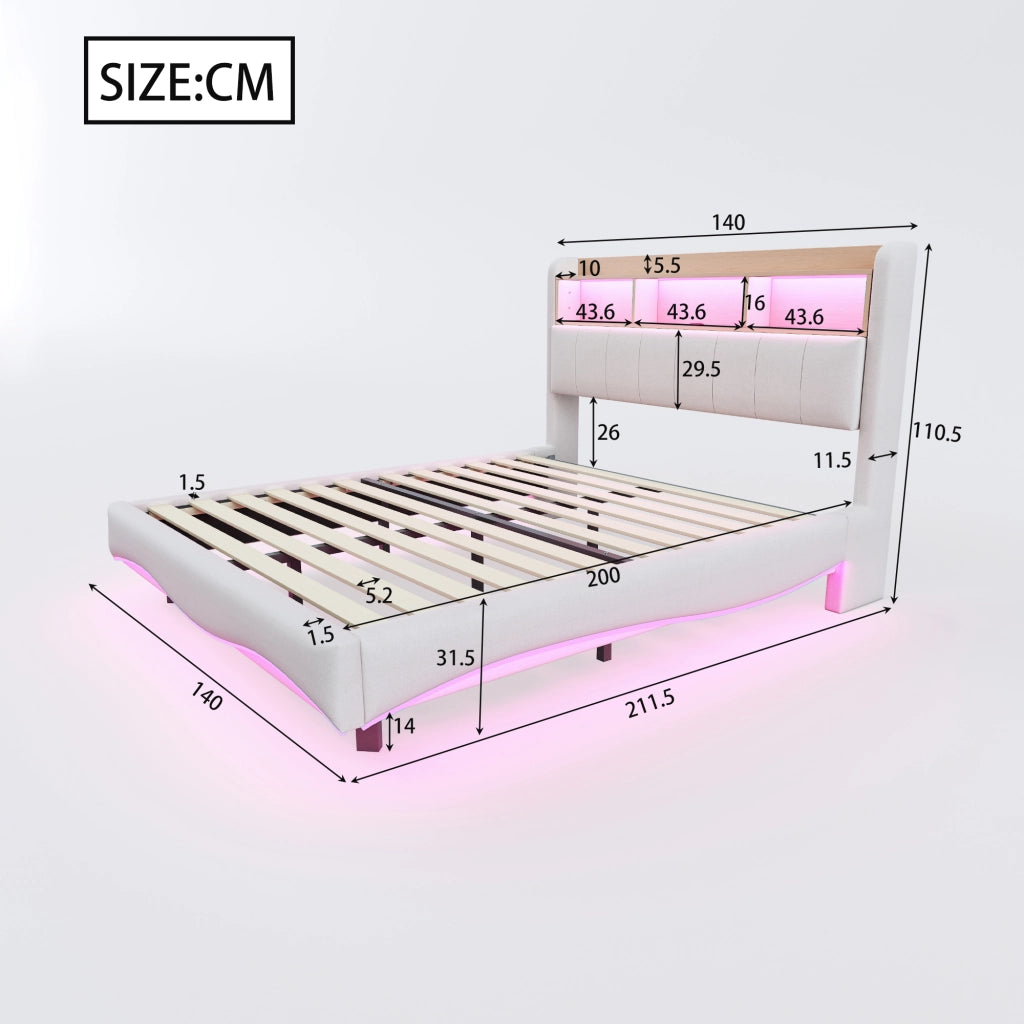 Letto imbottito sospeso 140x200 cm con LED, porte USB e Type-C, contenitore testiera, beige