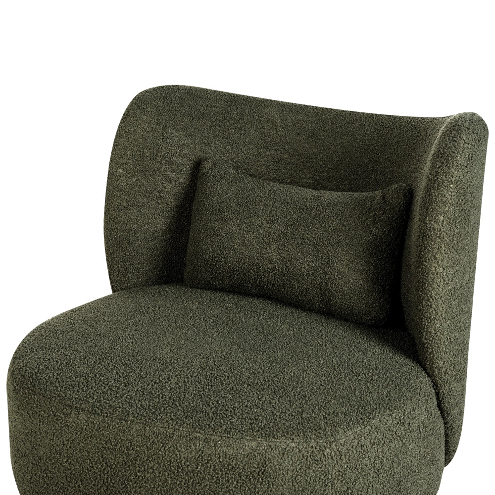 Poltrona da salotto con schienale curvo boucle verde scuro stile glam elegante soggiorno
