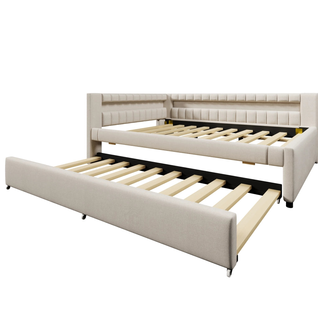 Letto singolo 140x200 cm con letto estraibile, LED e porte USB/Type-C beige HAVRYA