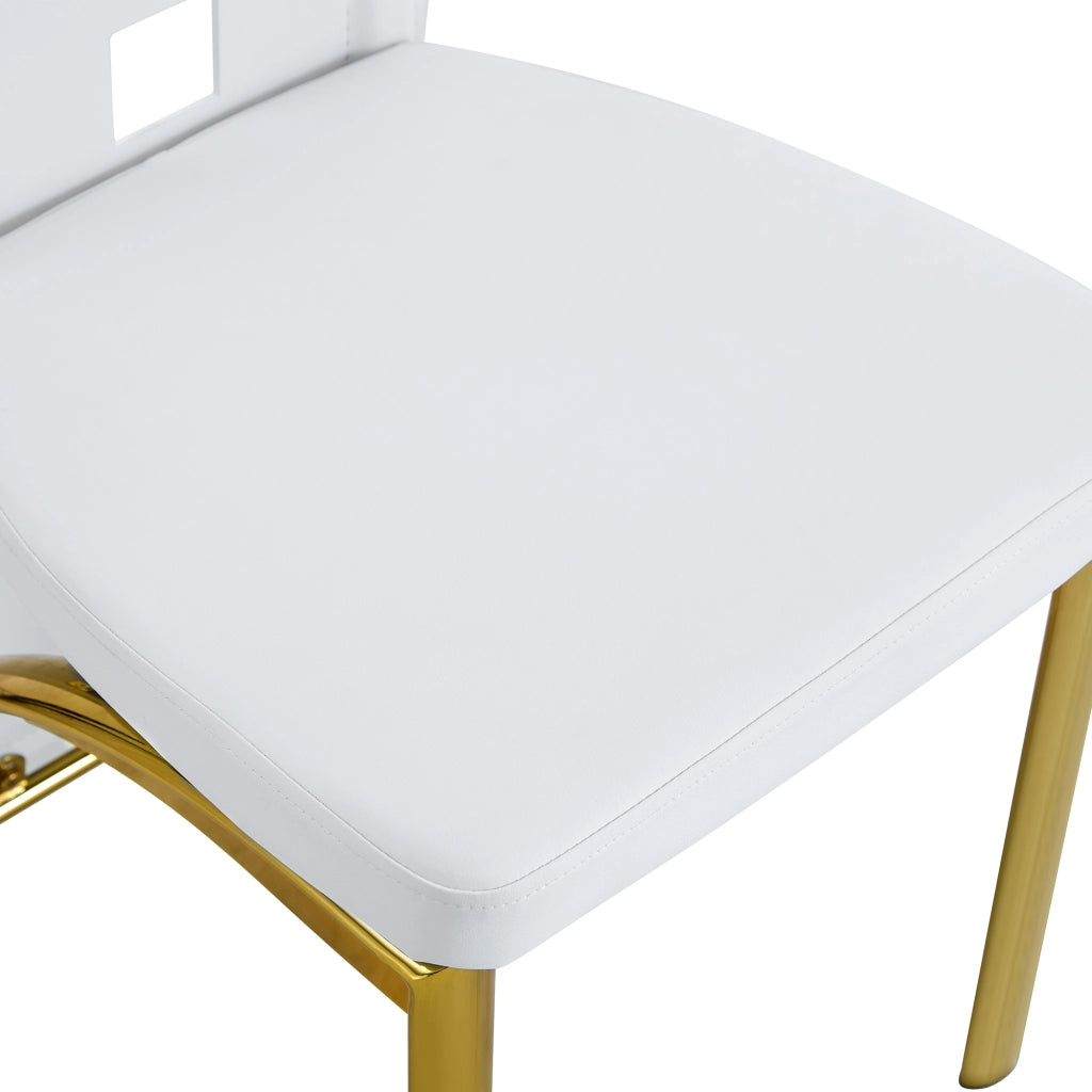 Set tavolo da pranzo e sedie con 1 tavolo rotondo e 4 sedie; vetro temperato; metallo e similpelle bianco e oro