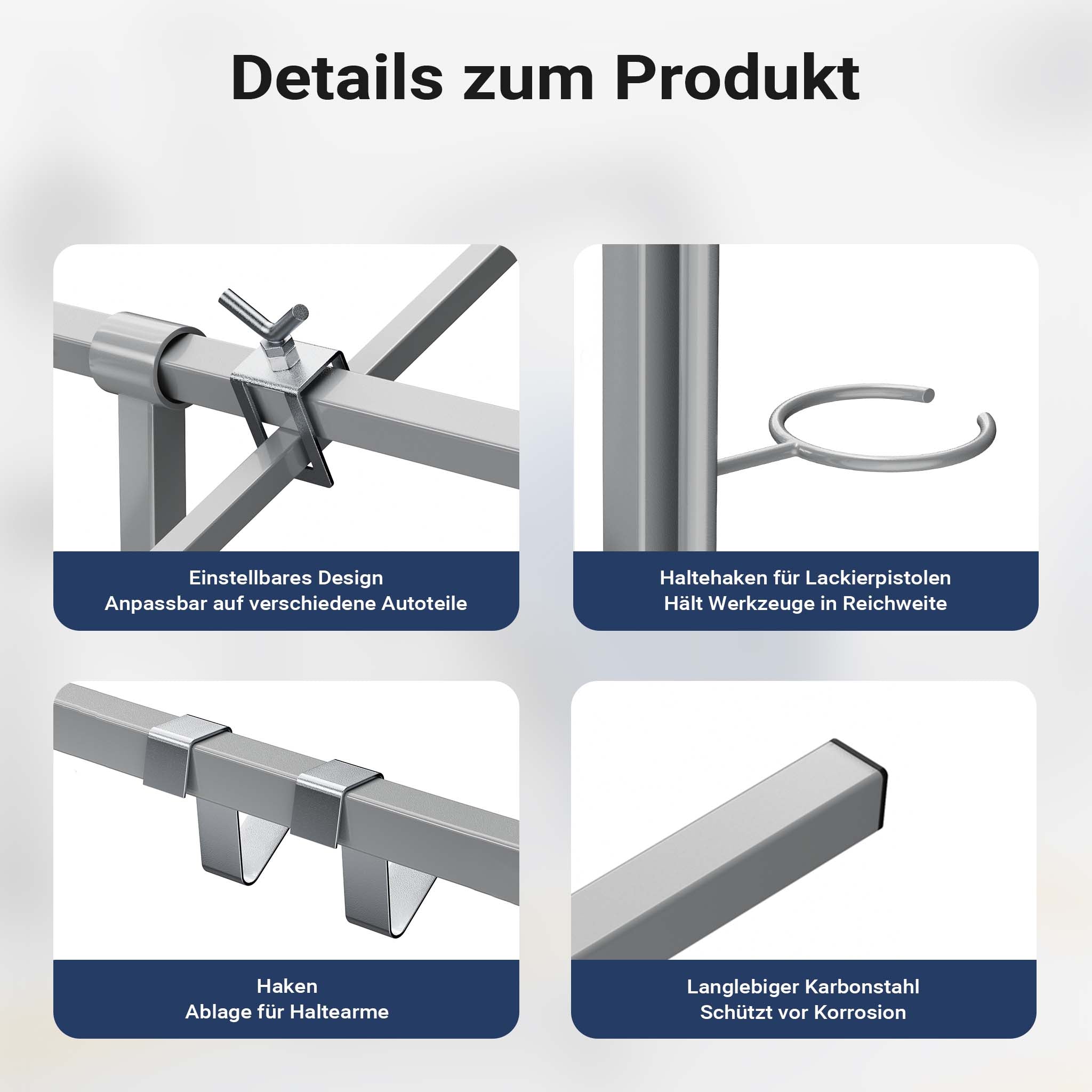 Cavalletto girevole per verniciatura con rotelle e supporti per cofani e alettoni