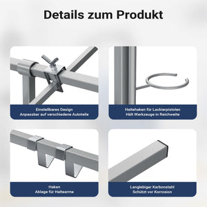 Cavalletto girevole per verniciatura con rotelle e supporti per cofani e alettoni