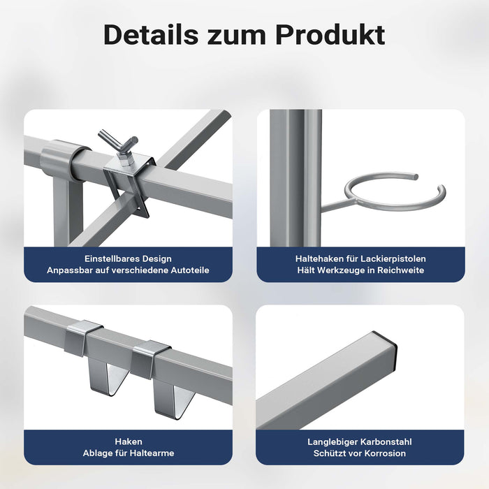 Cavalletto girevole per verniciatura con rotelle e supporti per cofani e alettoni