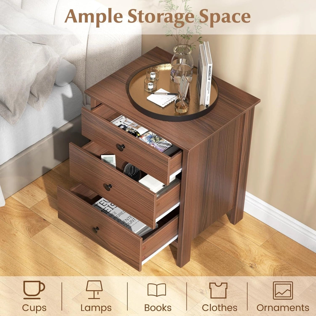 Comodino in legno rosso-marrone, credenza piccola con 3 cassetti, cassettiera autoportante, cassettiera moderna in legno, 56 x 45 x 66 cm