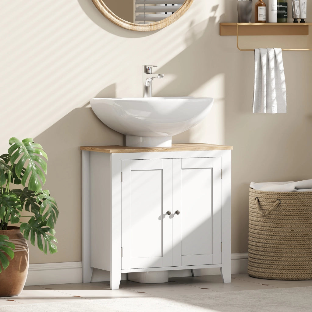 Mobile Sottolavabo Bagno a U con Ripiano Regolabile Interno, in MDF, 60x30x60 cm, Bianco e color Legno