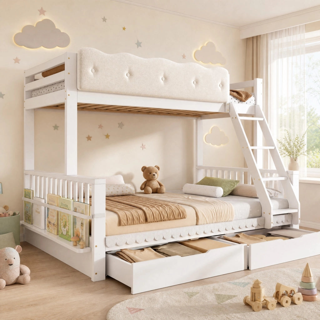 Letto a castello familiare 90x200/140x200 cm in legno, bianco, con cassetti e portagiornali