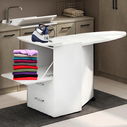 MOHOME Asse Stiro Mobile A Scomparsa Legno Nobilitato Vari Colori Multiuso Salvaspazio 3 Cassetti Dimensioni 89 x 44 x 57 cm Rotelle Trasportabili Colore Mollettone Assortito Colore: Bianco