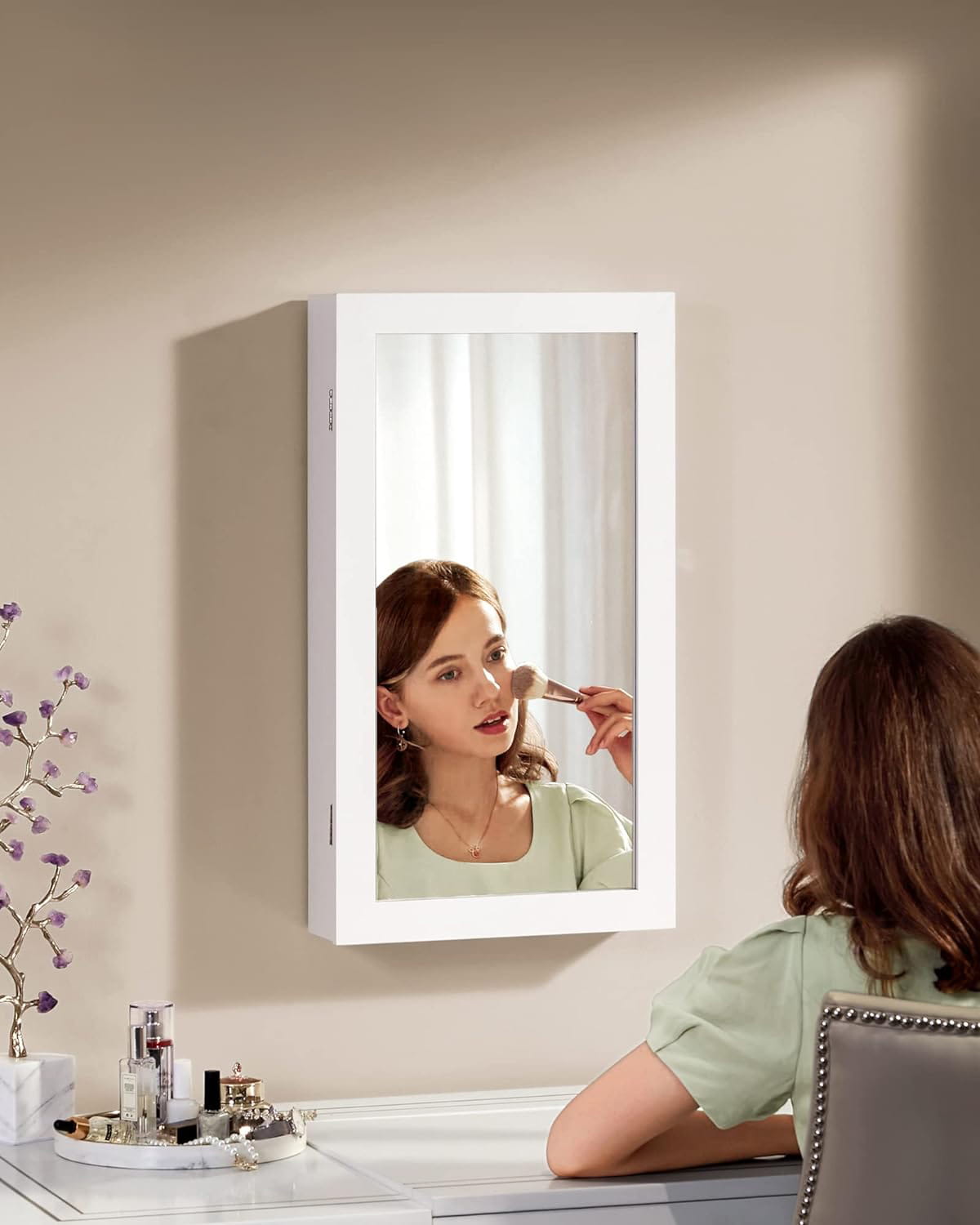 Valora ARMADIETTO PORTAGIOIE CON SPECCHIO JBC51W da parete con interno in velluto bianco