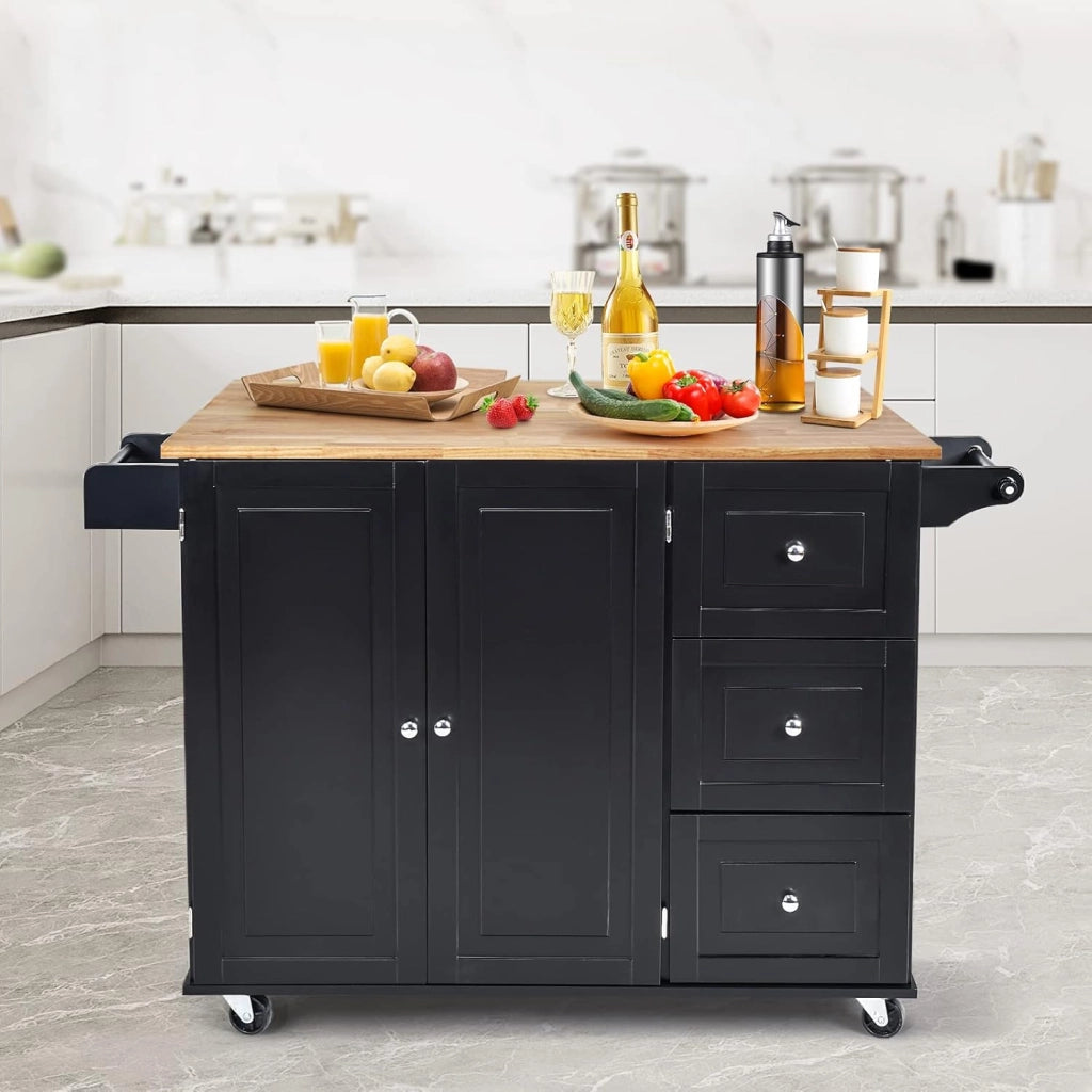 Carrello da Cucina, Credenza Mobile Salvaspazio, Ruote con 2 Freni, Piano Pieghevole, 2 Ripiani Regolabili, 3 Cassetti, 2 Ante, Portaspezie e Portasciugamano, 111x76x91 cm, Nero