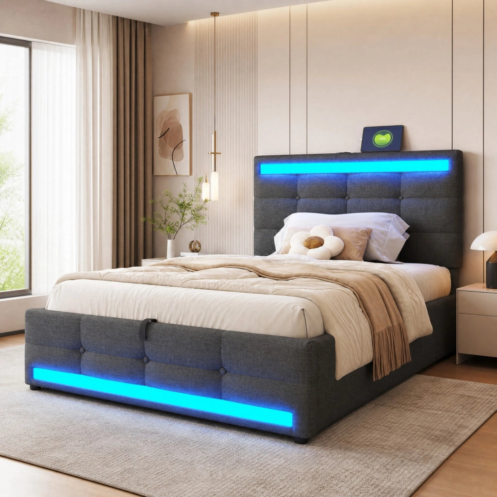 Letto imbottito singolo 90x200 cm con LED RGB; USB e testiera regolabile; grigio