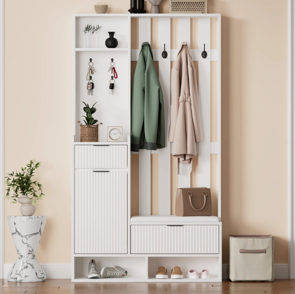 Guardaroba da ingresso 6 in 1 con panca e contenitore, bianco