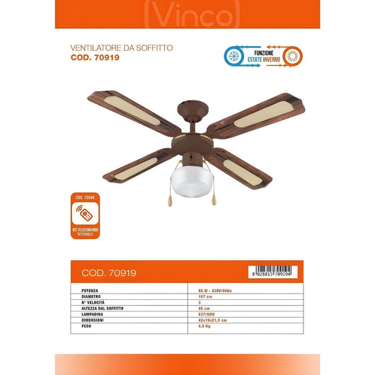 VINCO COD.70919 Ventilatore Da Soffitto 55W Con 3 Velocità - BROWN