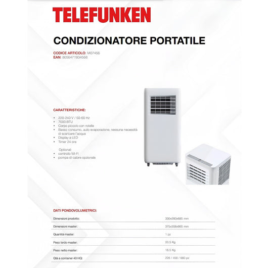 Telefunken Condizionatore Portatile 7000 Btu/h Climatizzatore Classe A Funzione Deumidificatore - M07456