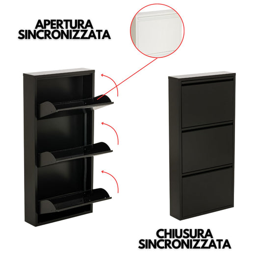 Scarpiera Salvaspazio Slim Metallo 3 Ante Vari Colori Dimensioni 105 x 50 x 15 cm Ripiani a Ribalta Sincronizzati Porta Scarpe Assemblata Ingresso Camera Colore: Nero