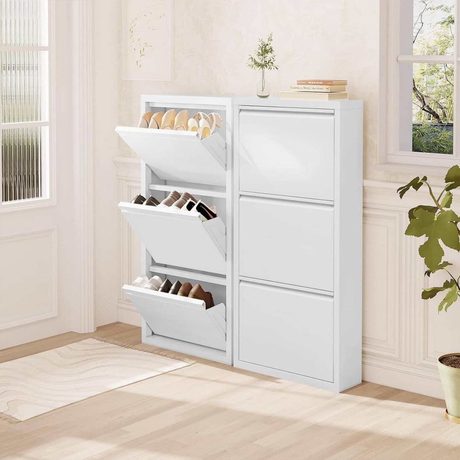 Scarpiera Salvaspazio Slim Metallo 3 Ante Vari Colori Dimensioni 105 x 50 x 15 cm Ripiani a Ribalta Sincronizzati Porta Scarpe Assemblata Ingresso Camera Colore: Bianco