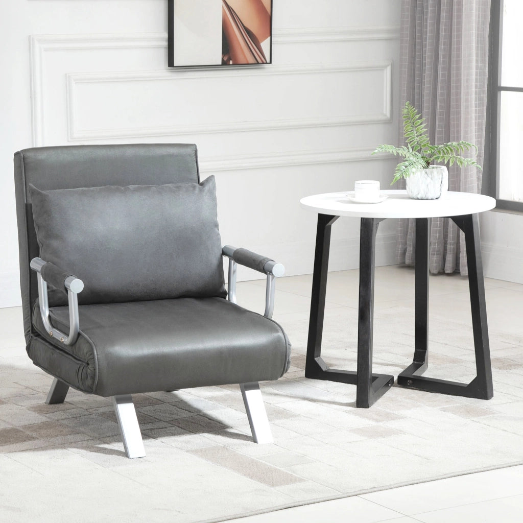EasyComfort Poltrona Letto Singolo 3 in 1 con Schienale Reclinabile su 5 Livelli e Cuscino, Divano Letto Singolo Pieghevole per Soggiorno e Salotto in Pelle Scamosciata e Metallo, 65x69x80 cm, Grigio