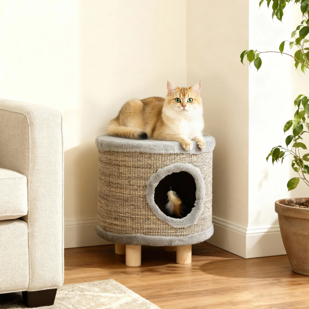 Letto per Gatti con Tiragraffi e Piedi in Legno ¨C Minimal ¨C Grigio 36x36x38 cm