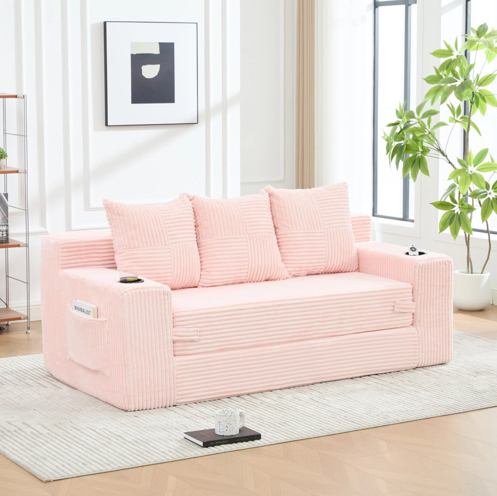 Divano modulare 2 posti in velluto a coste rosa; con portabicchieri e tasche laterali; 172 x 87 x 64 cm