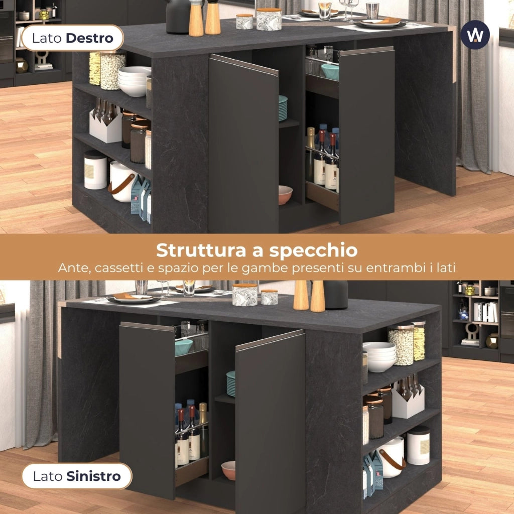 WHOUS Isola da cucina Sole 2 ante 2 cassetti e 1 scaffale antracite opaco/report 168x90x91 cm