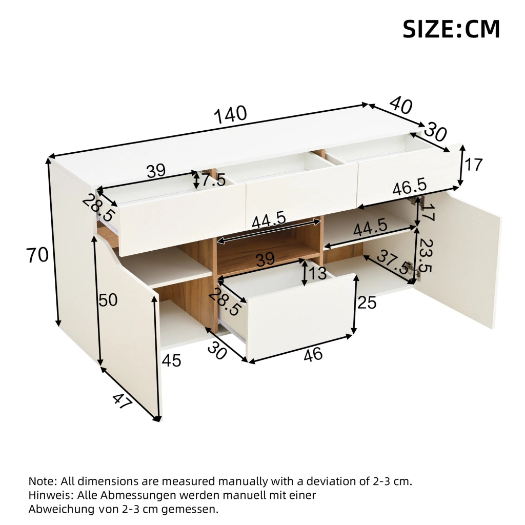 OKWISH Credenza con 4 Cassetti e 2 Ante, Illuminazione LED, per Soggiorno, Pannello di Particelle, Bianco, 140 x 40 x 70 cm