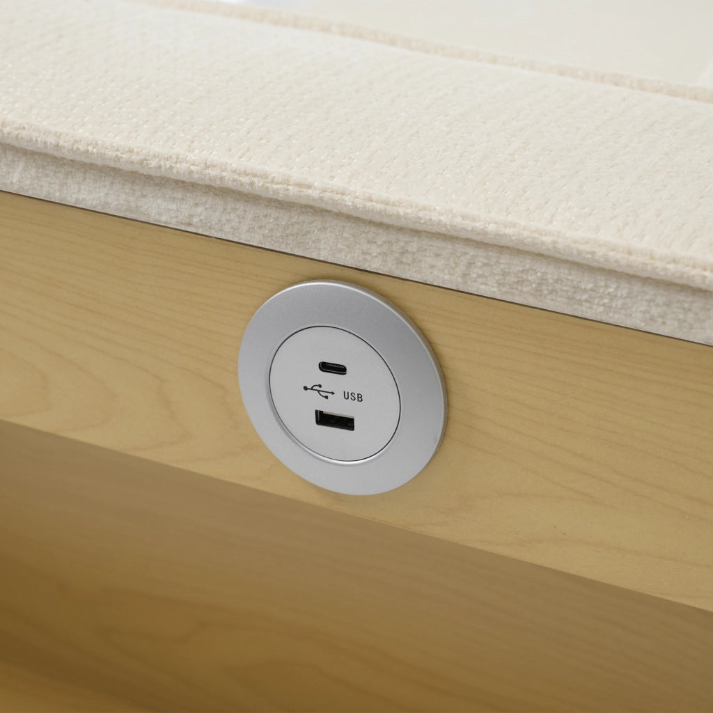 Divano Letto 2 Posti con Porta USB, Portabicchieri, Porta Libri, 3 Posizioni, in Chenille Beige