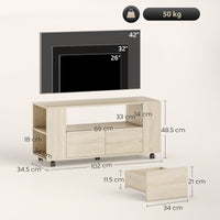 Mobile Porta TV 102x34.5x48.5 cm da 42" con Ruote Ripiani Regolabili e Cassetti Legno