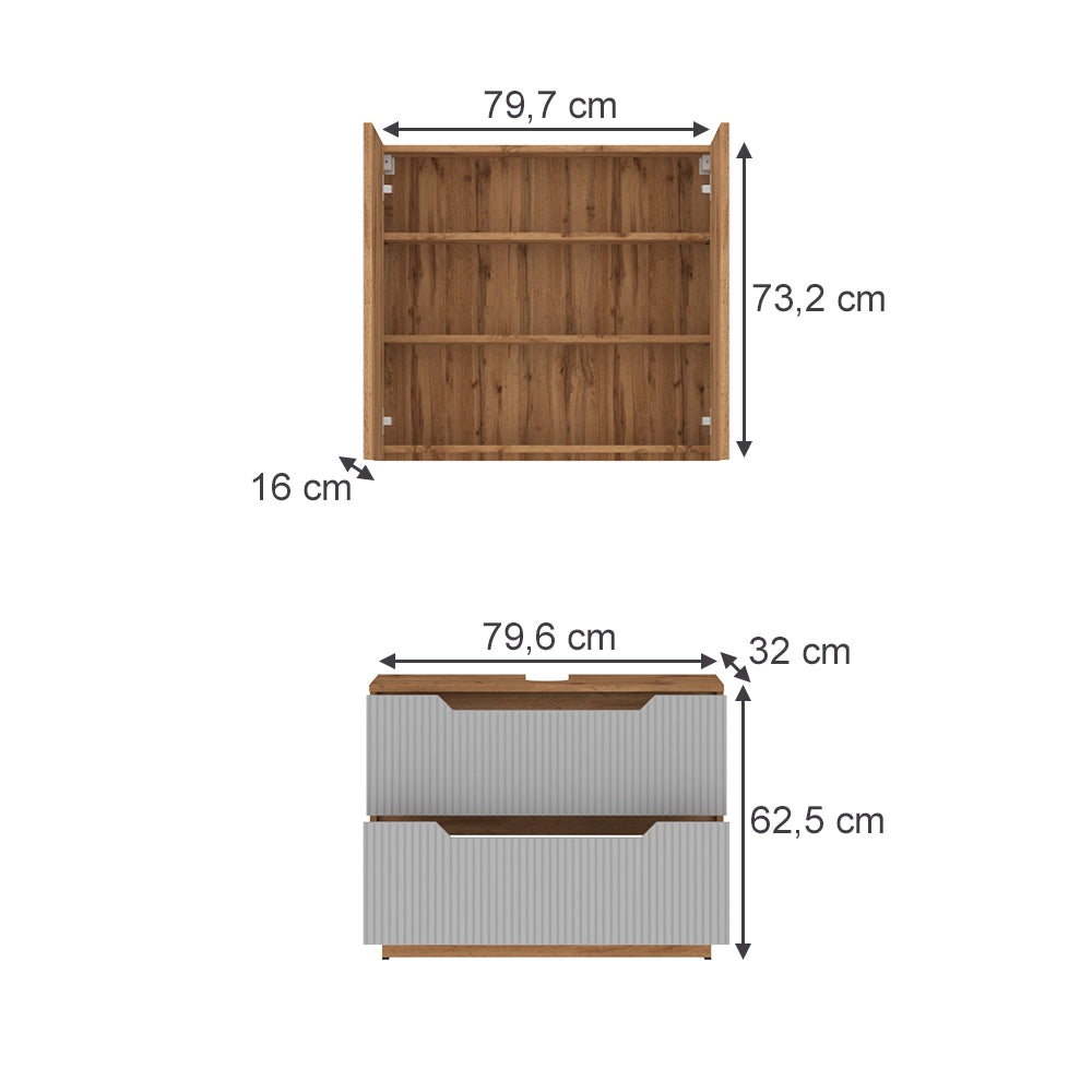 Vicco Set di mobili da bagno Rovere/grigio a righe 2 parti