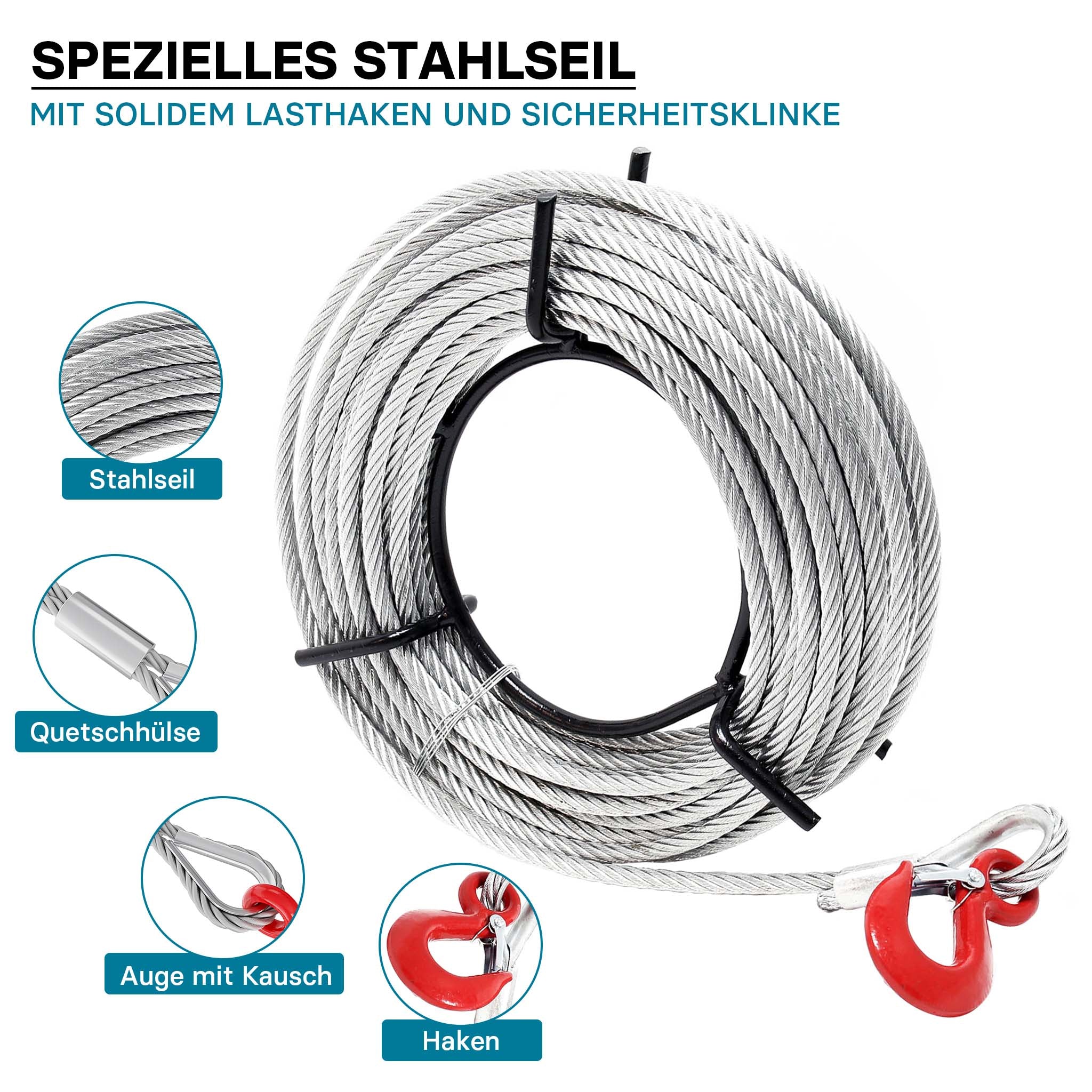 Paranco a fune max 1600kg fune 20m Ø11mm per sollevamento spostamento carichi