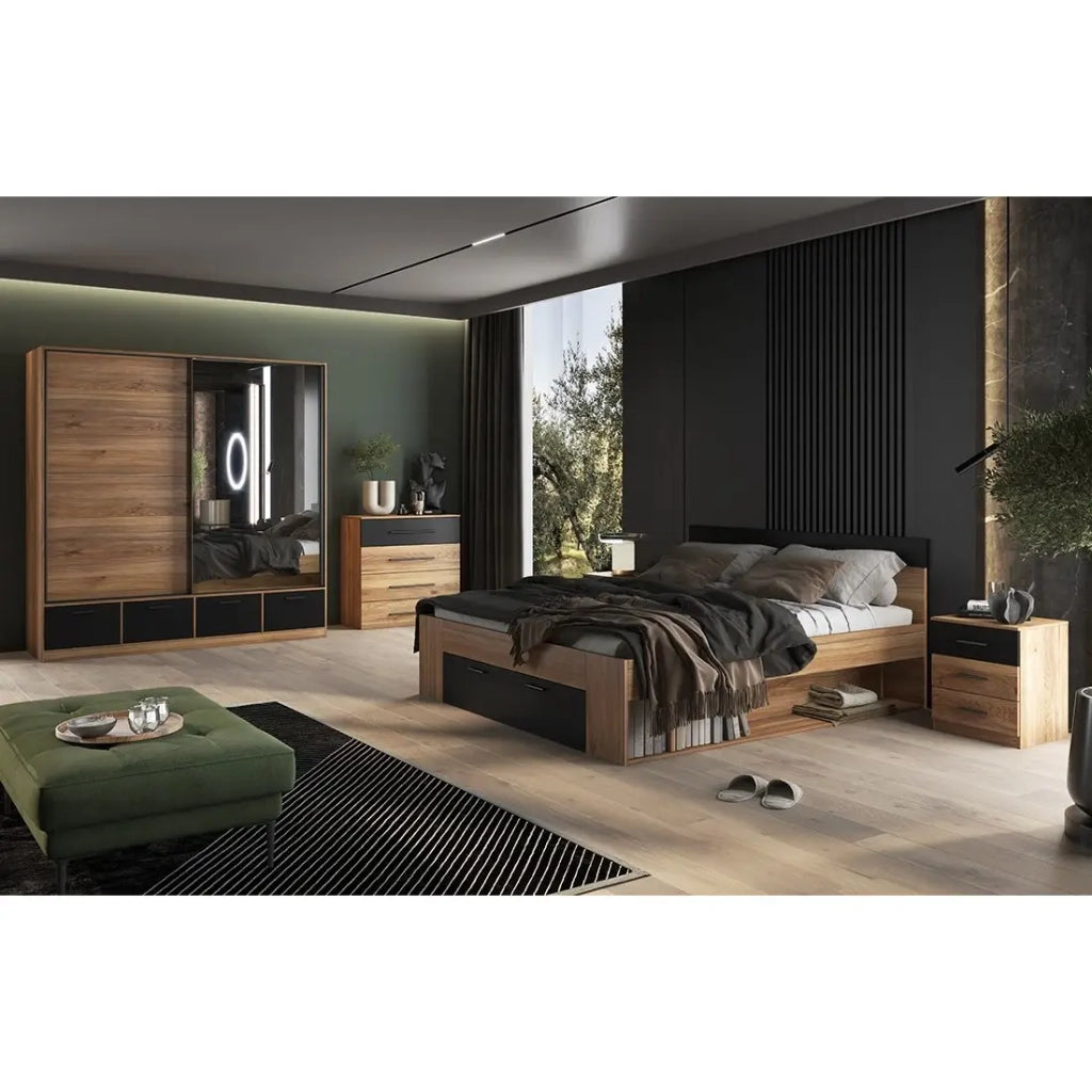 Comodino tre cassetti, collezione EOS. Colori rovere chiaro e nero.