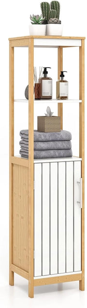 Armadio da Bagno, Mobile Alto 129 cm con Anta, Mobile Salvaspazio e Multiuso in Bambù con Ripiani Regolabili, per Soggiorno Bagno