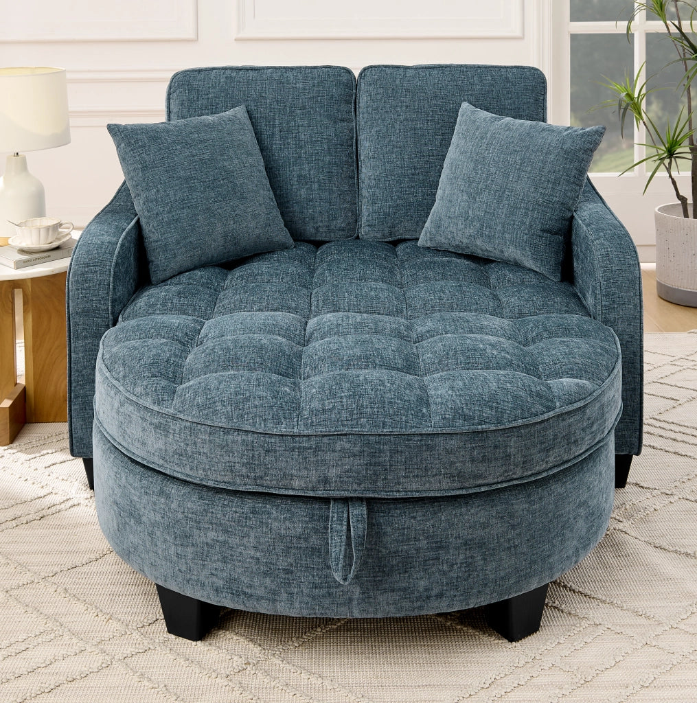 Divano letto trasformabile con pouf contenitore; eucalipto; blu; 132 x 129 x 93 cm
