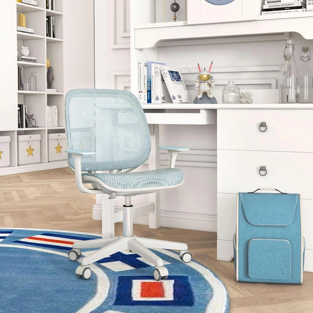 Sedia da Scrivania Girevole per Bambini (Blu, Ruote Ordinarie) | con Altezza Regolabile, 5 Ruote, Braccioli Morbidi, Mobile Ergonomica per Bambini 6-15 Anni