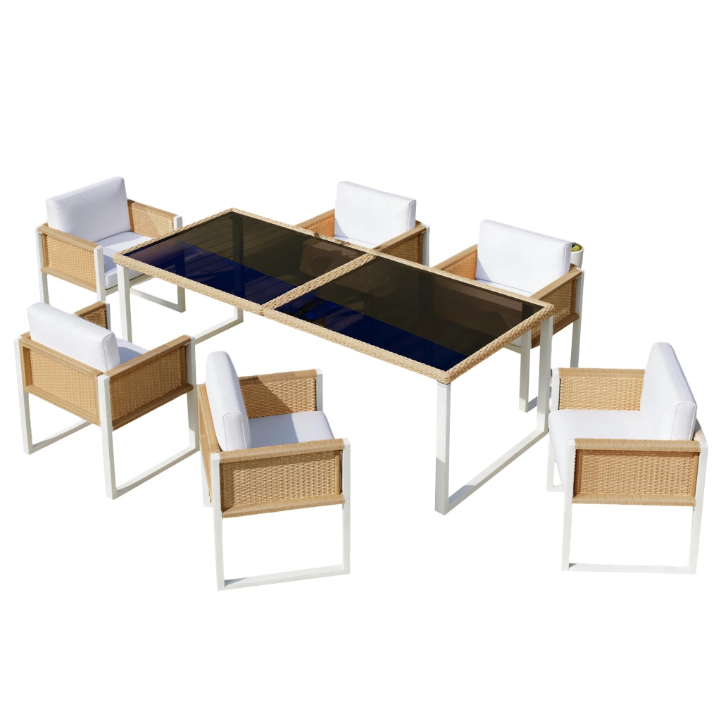 Set tavolo e sedie da esterno 1 tavolo + 6 sedie con cuscini in rattan sintetico; vetro e tessuto marrone e bianco