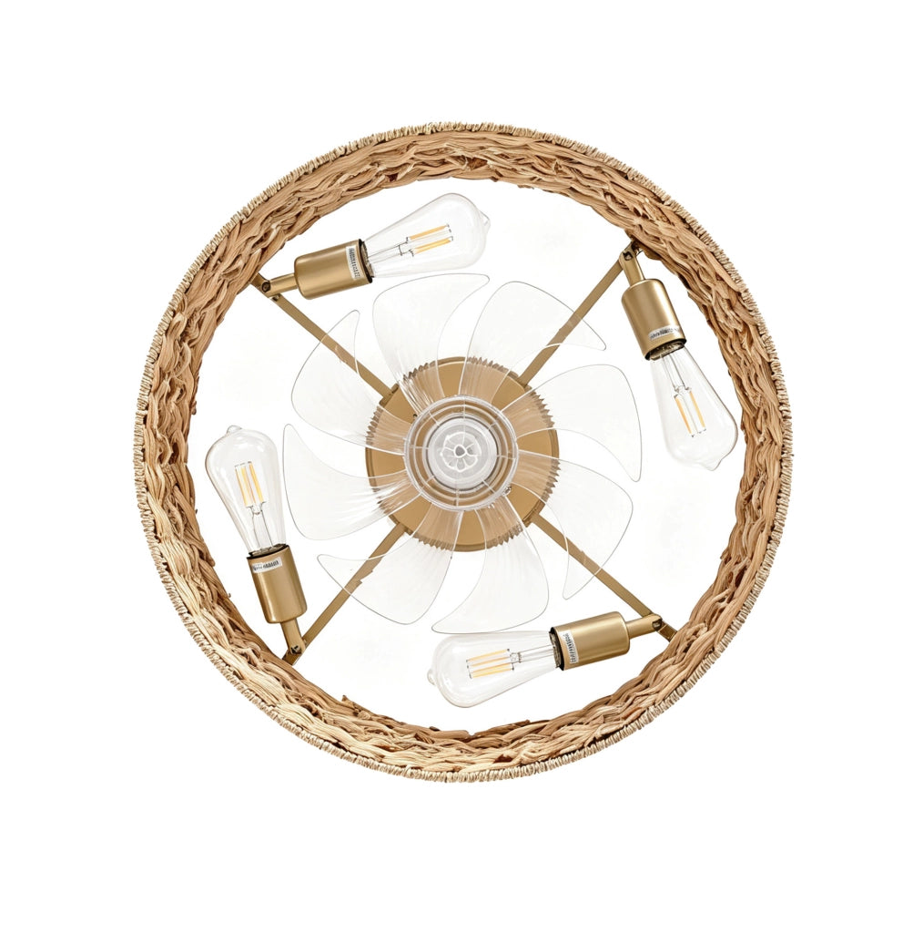 Ventilatore da soffitto con luce in rattan color rame con app e telecomando