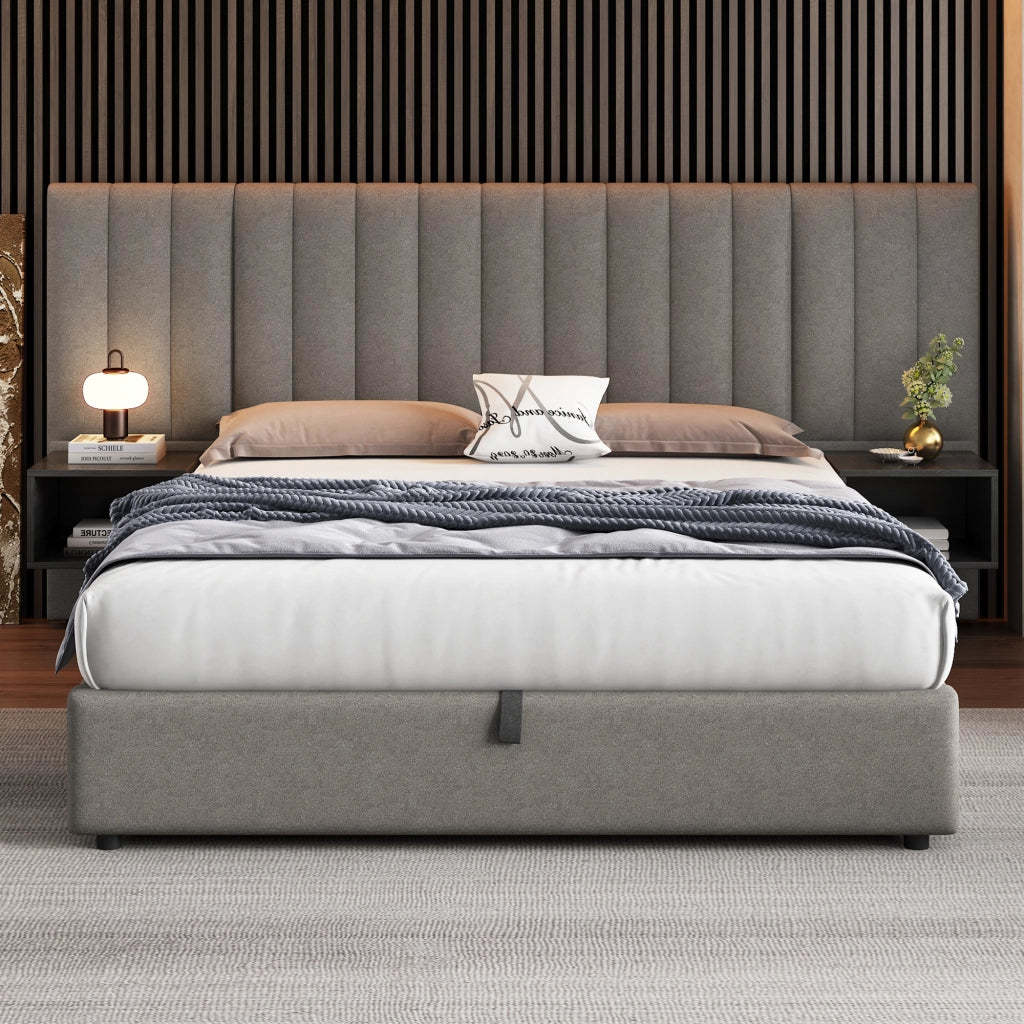 OKWISH Letto contenitore 160×200 cm, Letto Matrimoniale con Sollevamento Idraulico, 2 Comodini e Doghe in Legno, senza Materasso, Lino Grigio Nero
