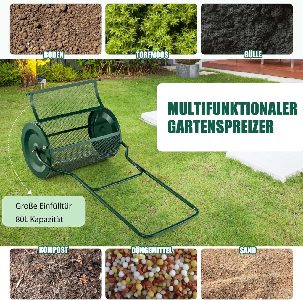 Rullo Spargiconcime Prato da 80L, Spargiconcime a Rullo Ø41 x 68 cm con Manico e Cestello in Rete Metallica, Spargiterriccio da Giardino per Concimazione e Semina (Verde)