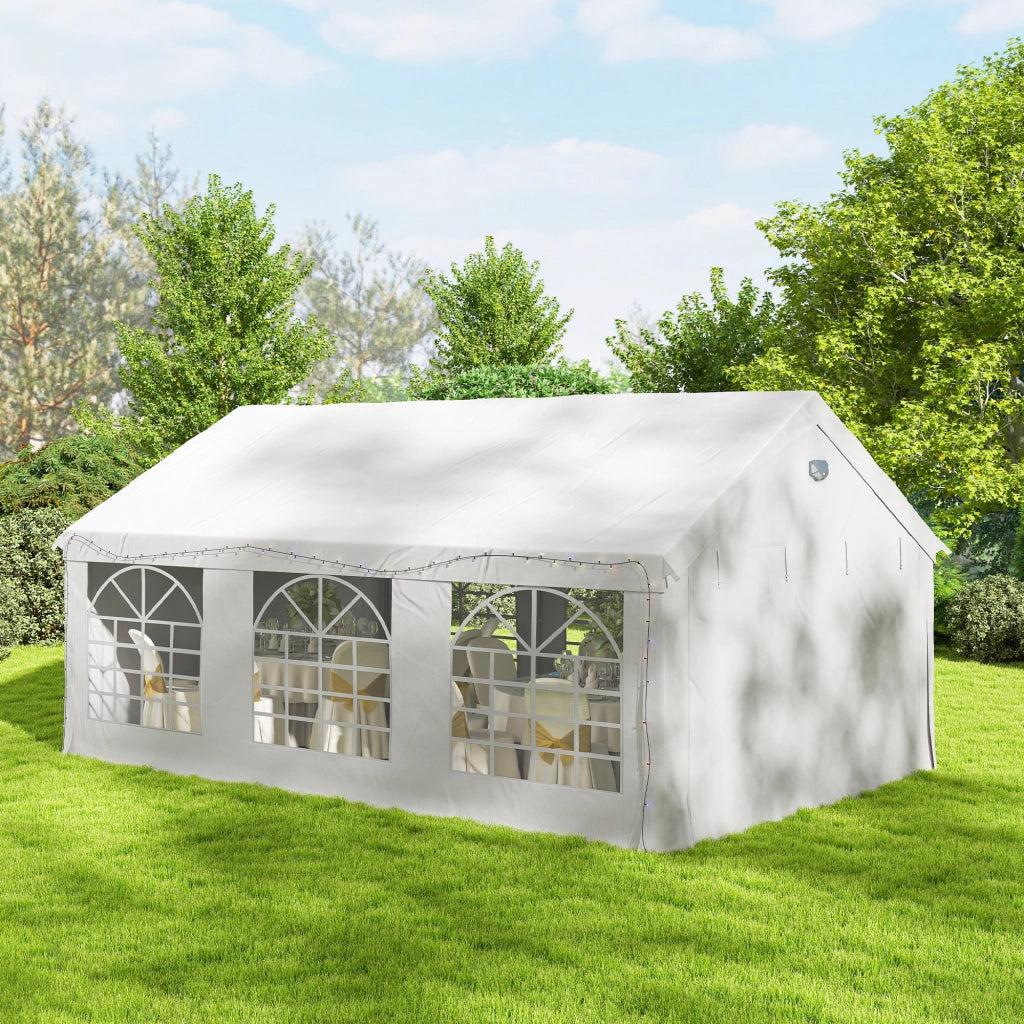 Tendone da Giardino Gazebo per Feste 598x394x302 cm con Finestre e 4 Pareti Laterali Rimovibili in Acciaio e PE Bianco