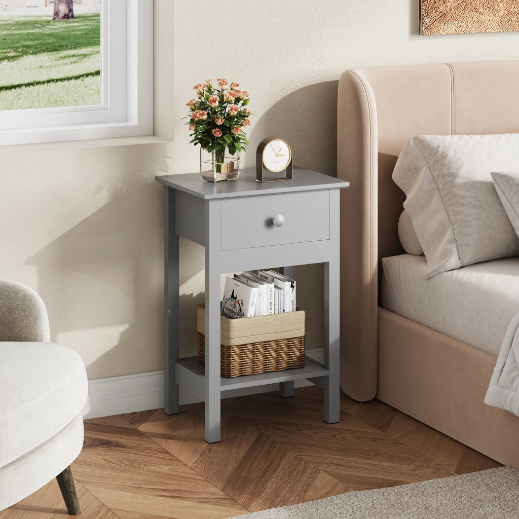 Comodino in Legno con Cassetto e Ripiano ¨C zephmum ¨C Grigio