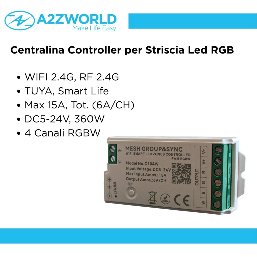 Centralina Controller Per Striscia Led RGBW WIFI 2.4G, RF 2.4G TUYA, Smart Life Max 15A Tot. (6A/CH) DC5-24V 360W 4 Canali RGBW CLC104R Bianco