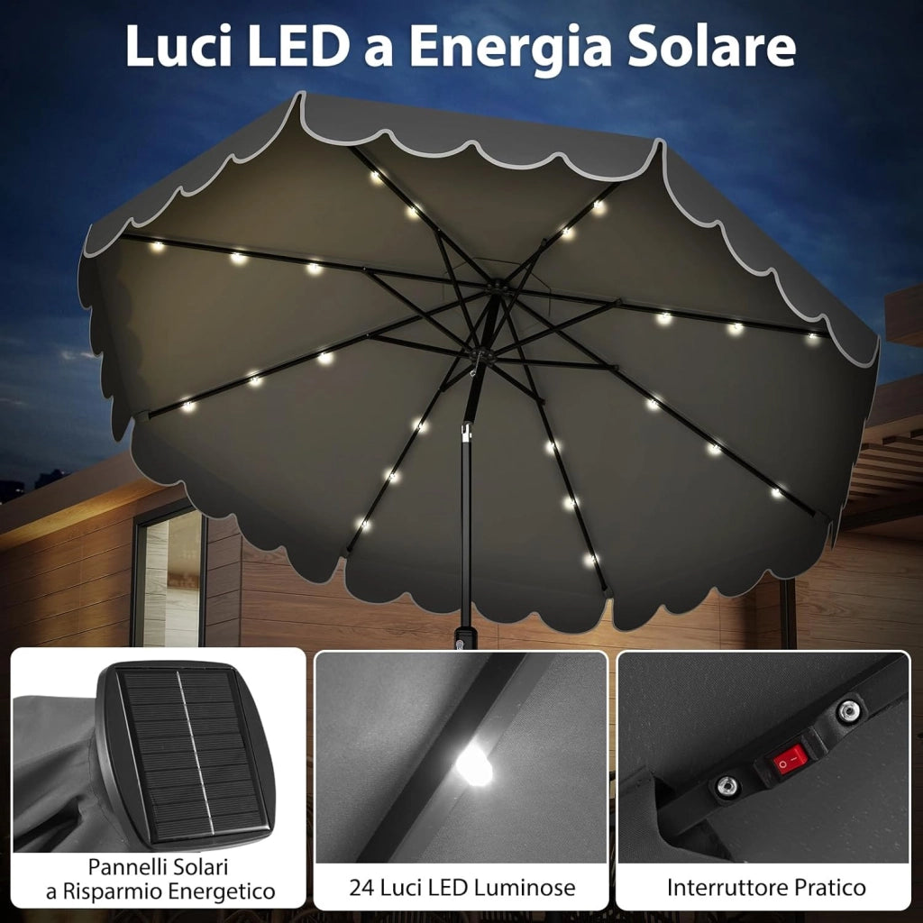 Ombrellone da Giardino 300 cm, con 24 Luci LED Solari, Inclinazione Regolabile, Manovella, 8 Stecche, Anti-UV, Top Ventilato, Idrorepellente, Giardino Piscina Patio (Grigio)