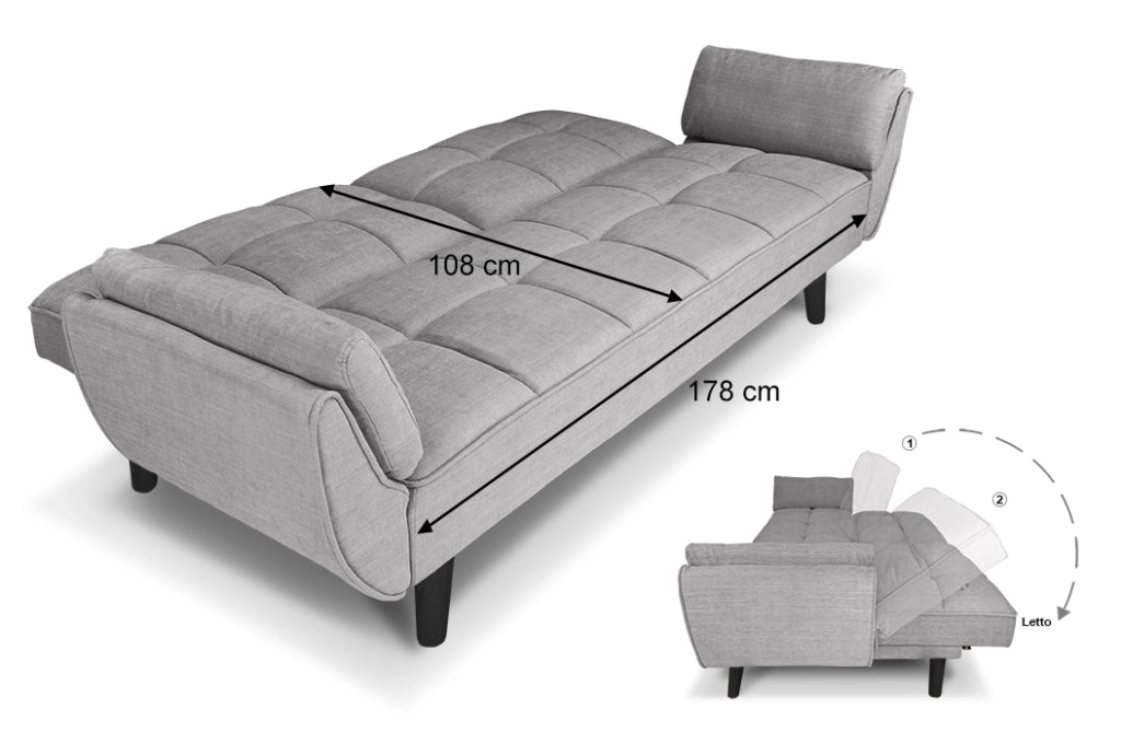 Divano letto clic clac in tessuto grigio chiaro piede nero - divano 3 posti - Ambra - DL-AM01FBC-PLN
