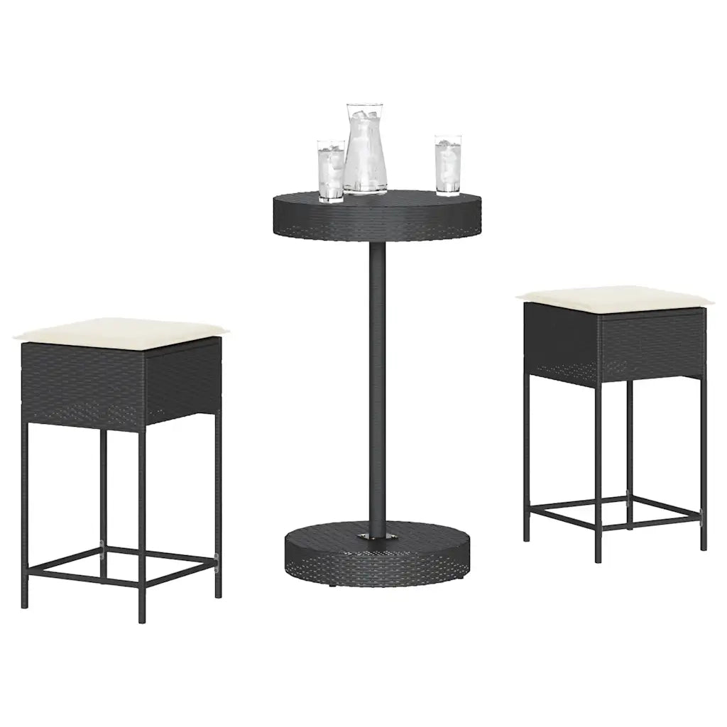 Set Bar da Giardino 3 pz | Set Salotto da Giardino con Cuscini in Polyrattan Nero