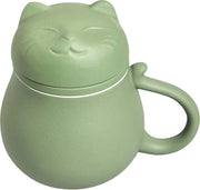 Tazza da tè ceramica con filtro e coperchio, tazza da tè con design di gatto, filtro per l'aspirazione di foglie singole, regalo per vacanza, compleanno, casa calda (verde)