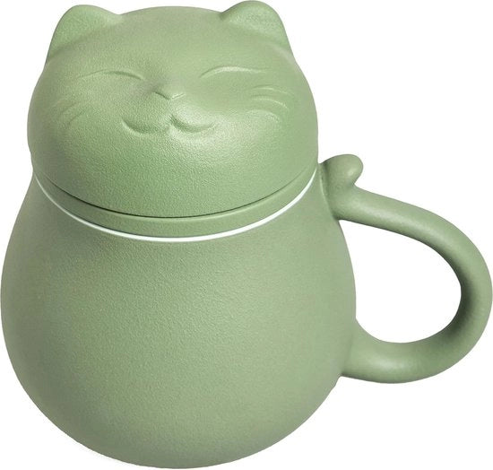 Tazza da tè ceramica con filtro e coperchio, tazza da tè con design di gatto, filtro per l'aspirazione di foglie singole, regalo per vacanza, compleanno, casa calda (verde)