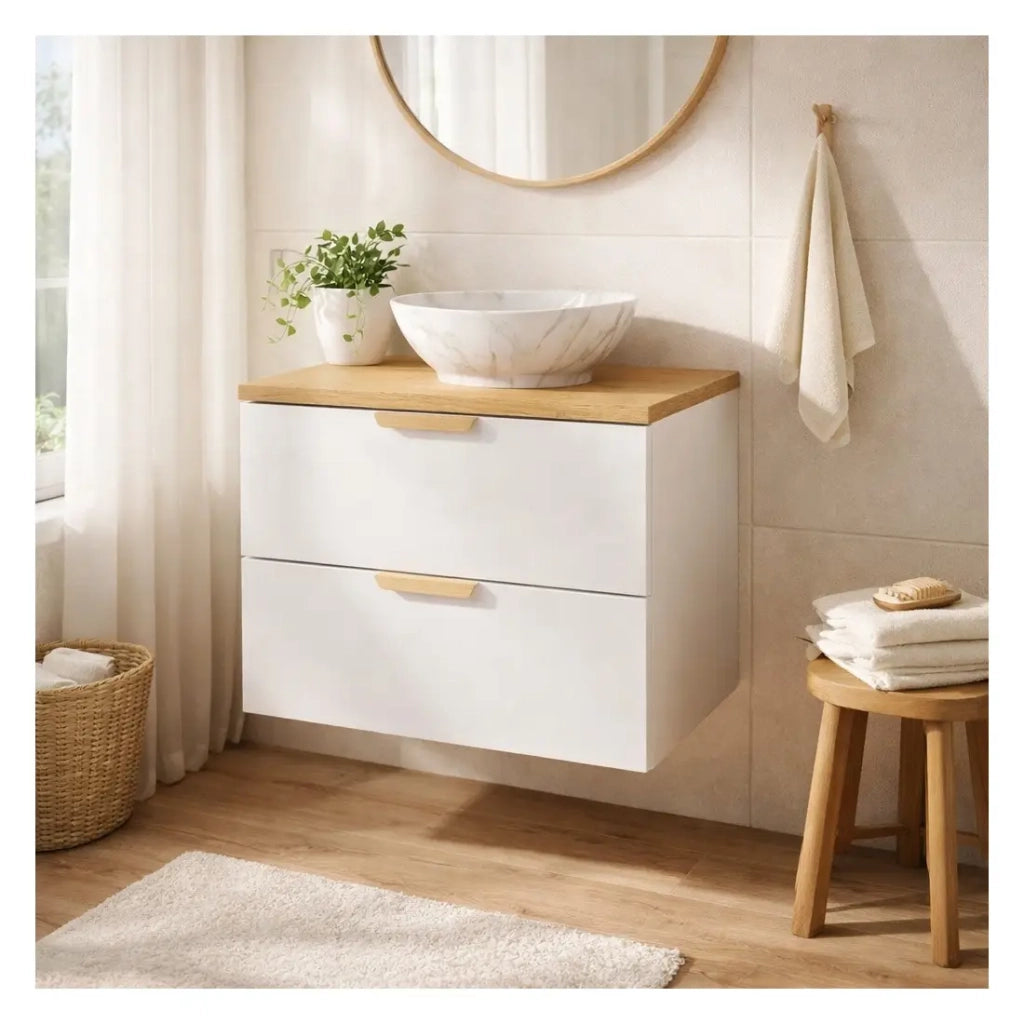 Set da bagno OSTER 60cm: mobile basso con cassetti + piano per lavabo + lavabo da appoggio bianco marmorizzato