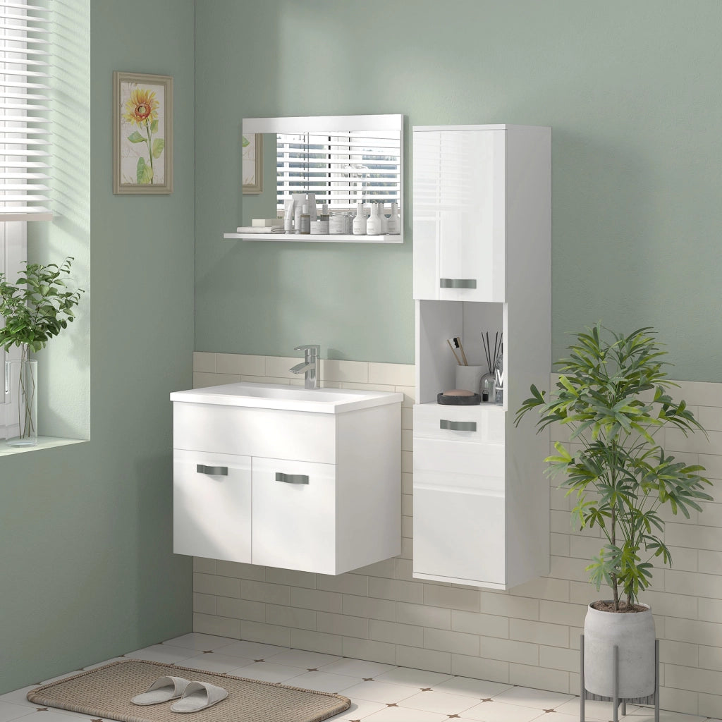 Mobile Bagno Sospeso con Lavabo e Armadietto ¨C Zephmum ¨C Bianco Lucido 61x40x50cm