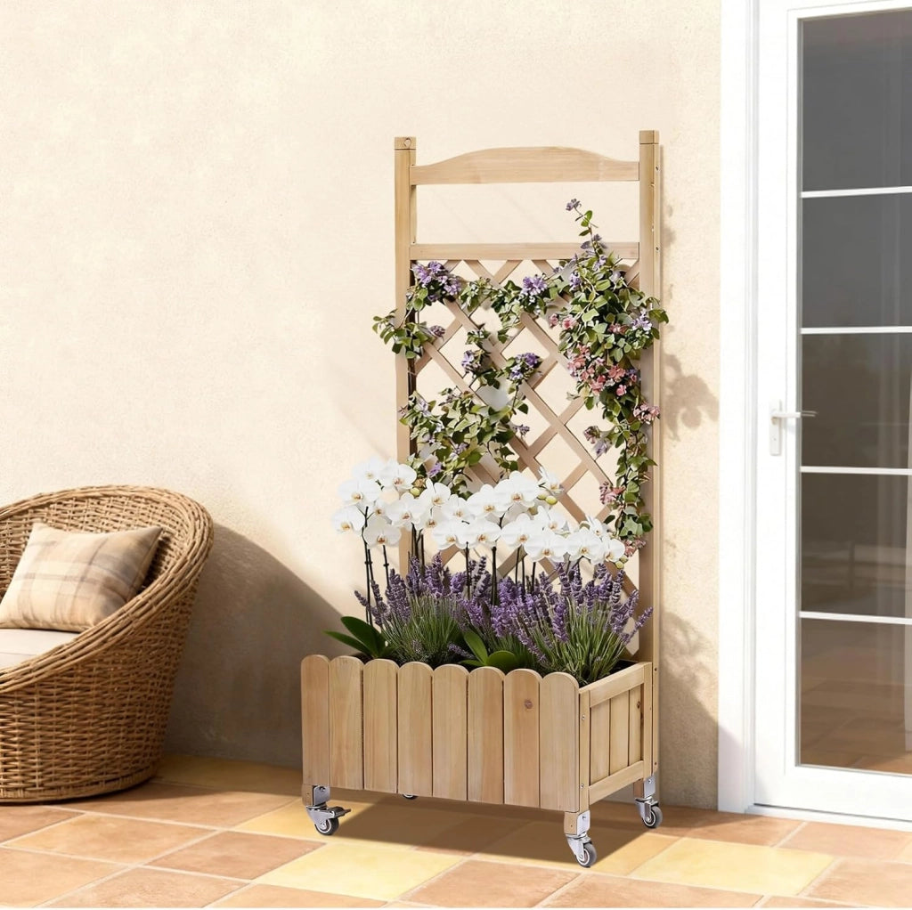 Fioriera in legno con grigliato e ruote, rialzata, resistente alle intemperie con fori di drenaggio, per giardino, balcone e terrazza, 49 x 28 x 116 cm – Marrone chiaro
