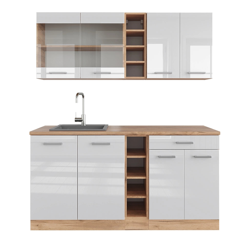 Vicco Cucina completa Bianco lucido/oro power oak 160 cm senza piano di lavoro