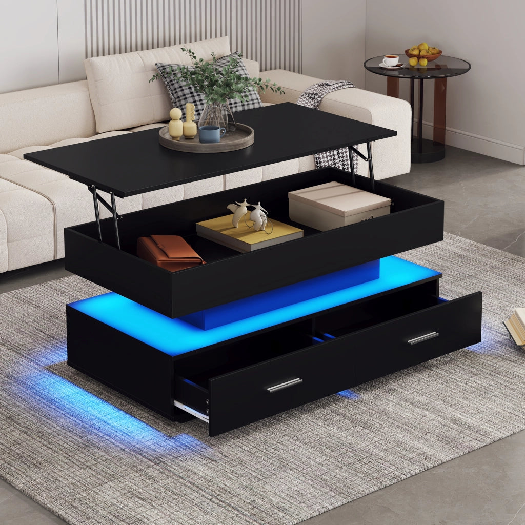 Tavolino basso sollevabile con LED e Bluetooth, 2 cassetti, vano aperto e vano nascosto, per soggiorno, nero, 100 × 50 × 44 cm