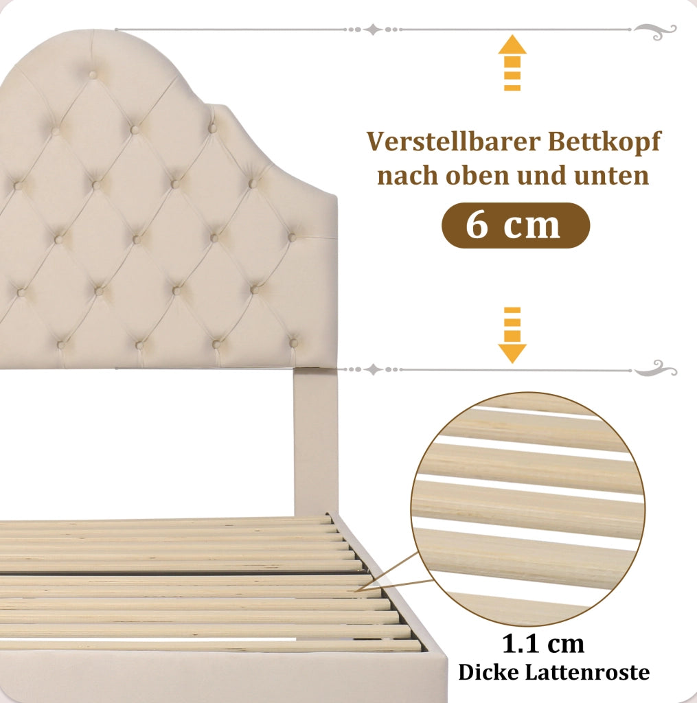 Letto singolo imbottito con rete e testiera regolabile 90x200 cm in velluto beige
